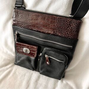 Brown & Black Leather Brighton Croc-Embossed Crossbody Messenger Bag w Adj Strap